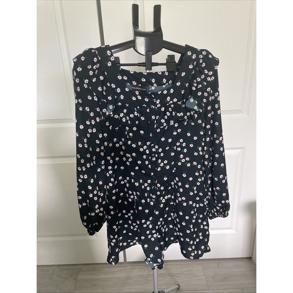 Bellissimo Caro Ladies Romper Size 10 Black With White Daisies Ruffle Neckline